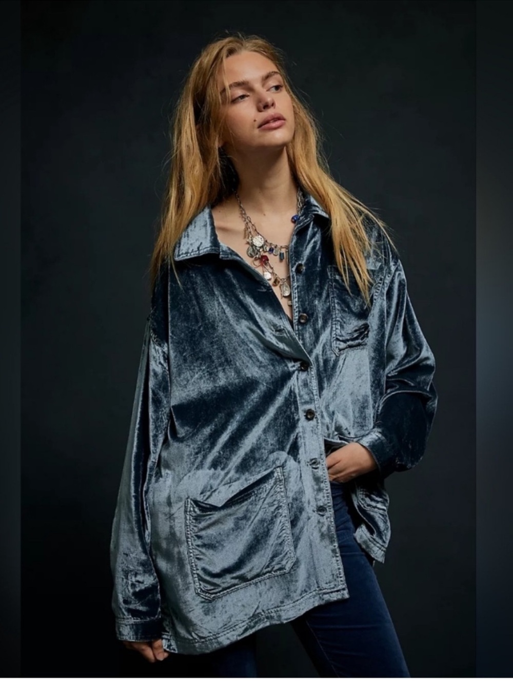 We The Free Velvet Oversized Button-Front Camisole Jacket in Steel Blue
